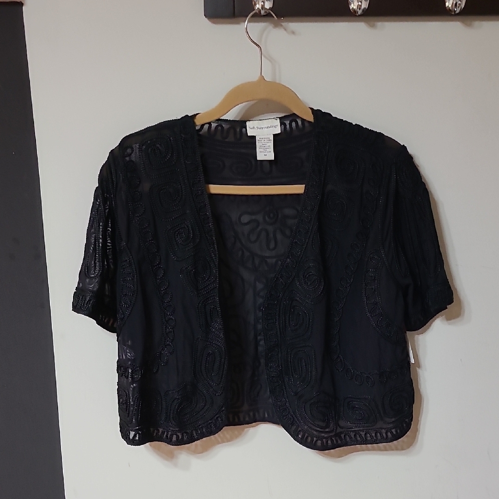 Soft Surroundings Black Mesh Bolero Jacket With Embroidery Size Medium